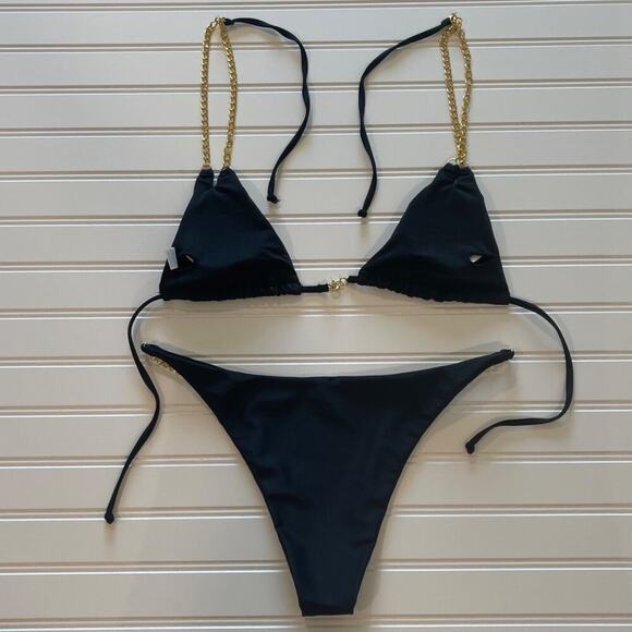 Women Bikini Swimsuit NWT Large Black 2 Piece Triangle Gold Chain Strap Tie Side - Picture 1 of 6